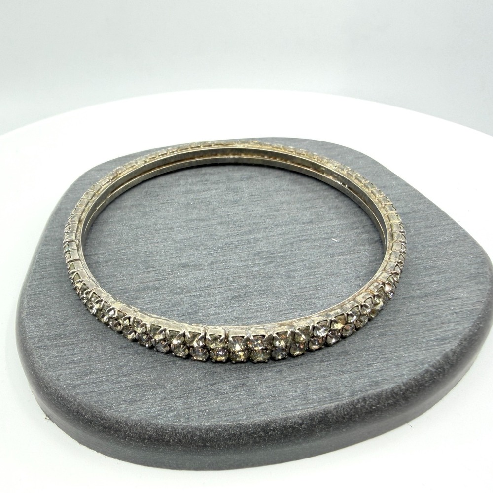 Vintage Rhinestone Bangle Bracelet Sparkle Crystal Double Row Silver Tone Y2K